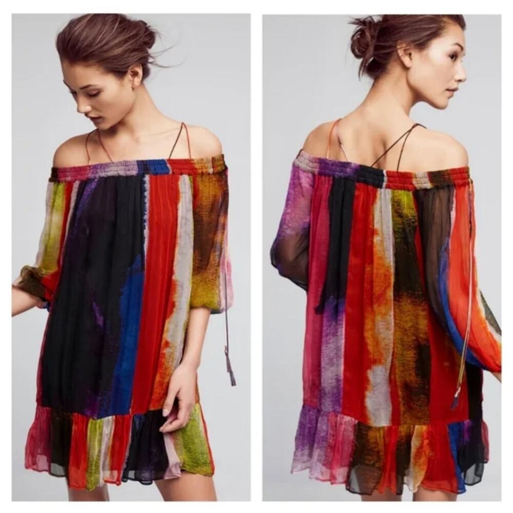 Anthropologie Floreat Colorful Watercolor Off The Shoulder Flowy Dress Small